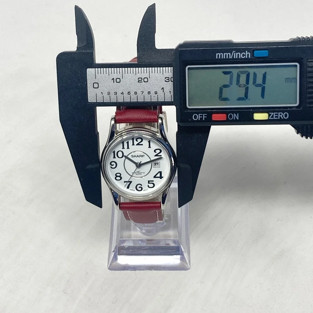 Sharp Womens Easy Reader Watch 29mm Silver Tone Date Red Leather 30M New Battery